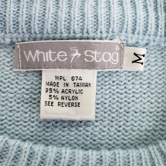 Vintage White Stag Short Sleeve Sweater Baby Blue & White Window Design VGUC M - Picture 5 of 11